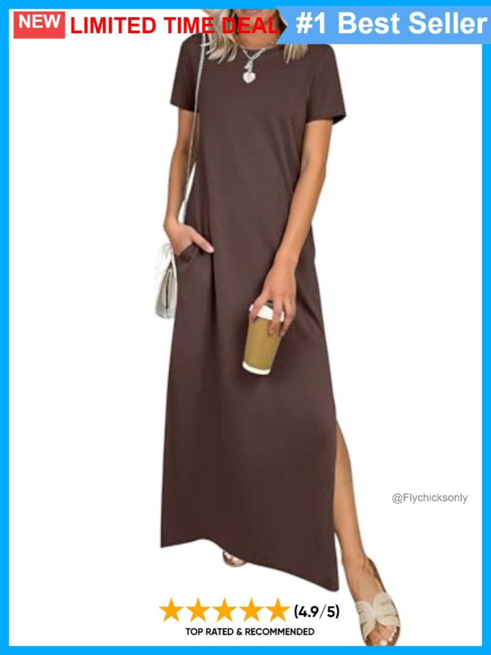 Wrinkle Free Maxi Dress with Pockets Crew Neck Short Sleeve Side Slit Casual